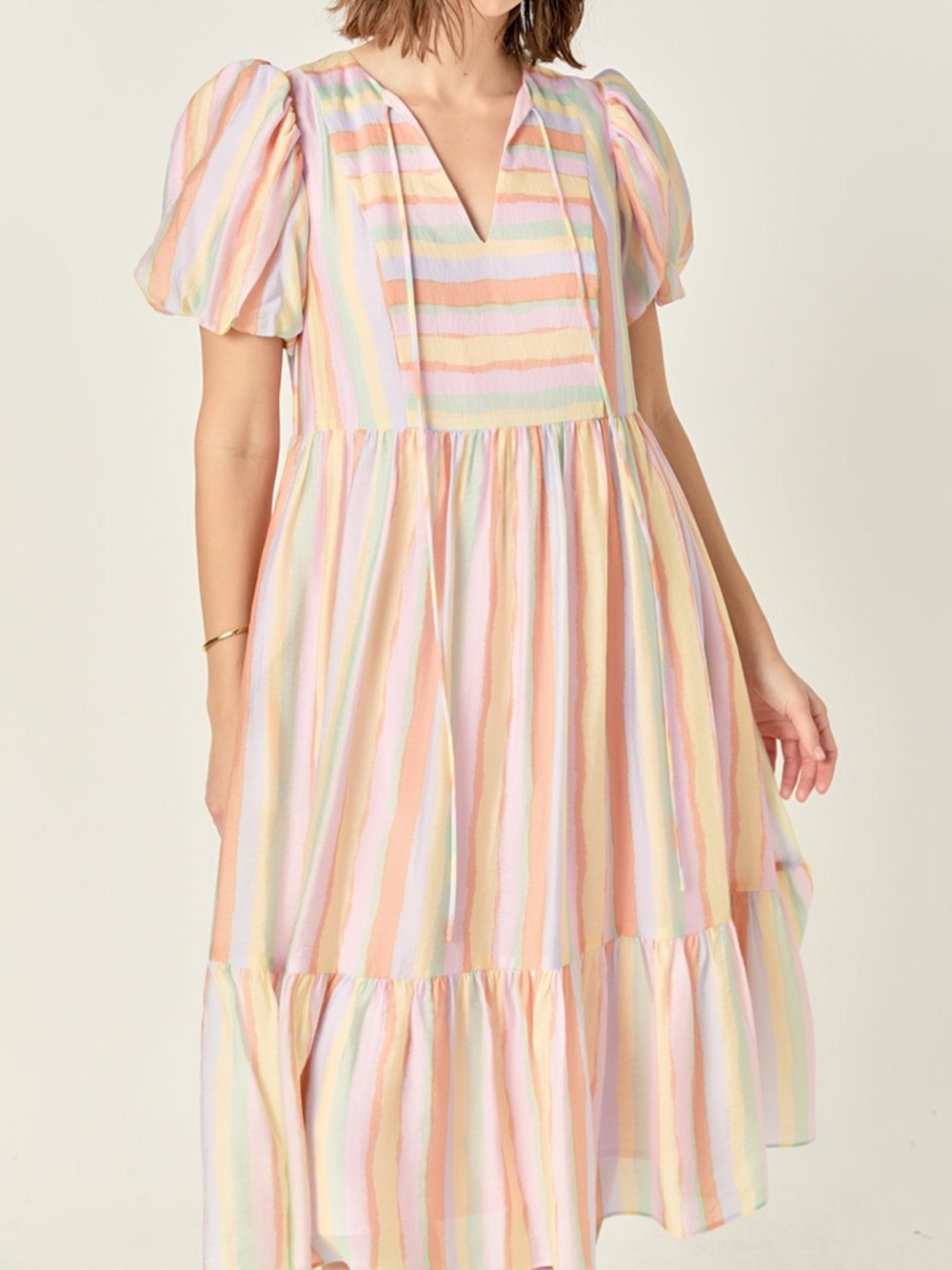 English Factory Rainbow Stripe Maxi Dress Tiered Blouson Pockets Easter Spring M